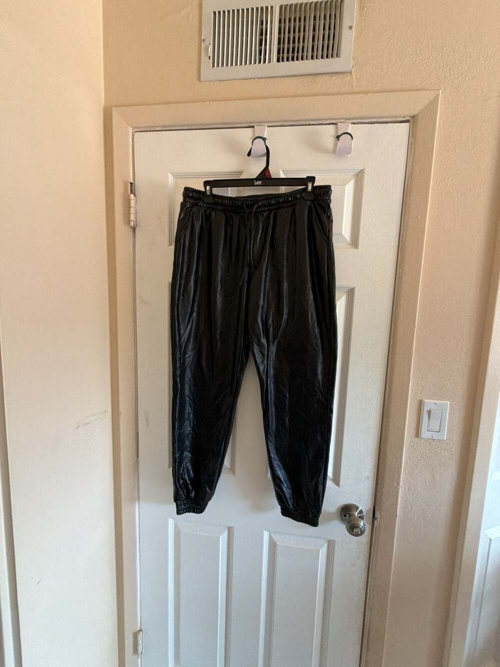 Black Faux Leather Elastic Waist Drawstring Jogger Pants EPI1238-J